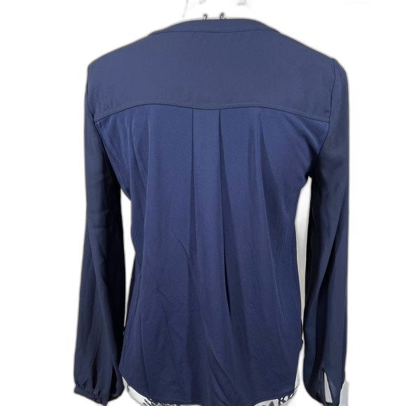 Ann Taylor Petite Navy Blue sheer pleated  long sleeve top size S academia work - Picture 2 of 14